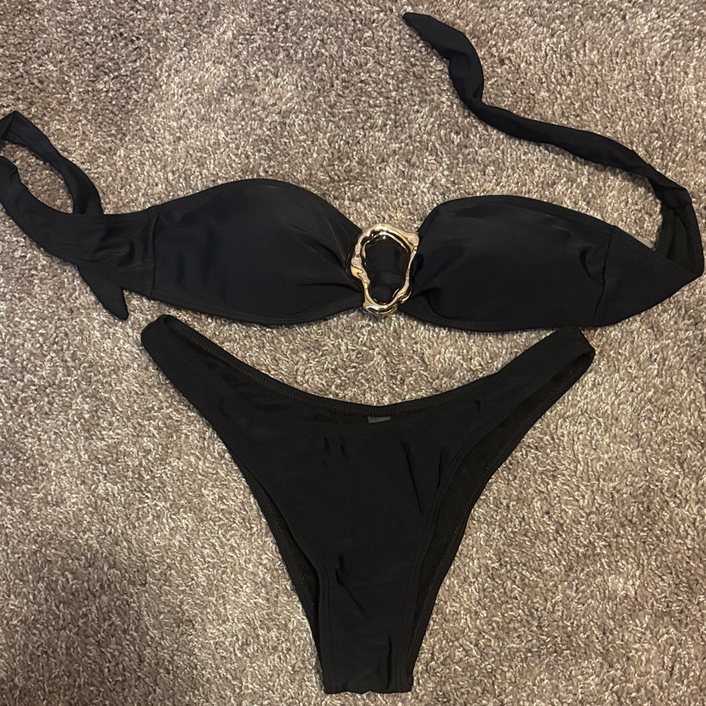 Black Bandeau Bikini Set with Gold Ring Accent